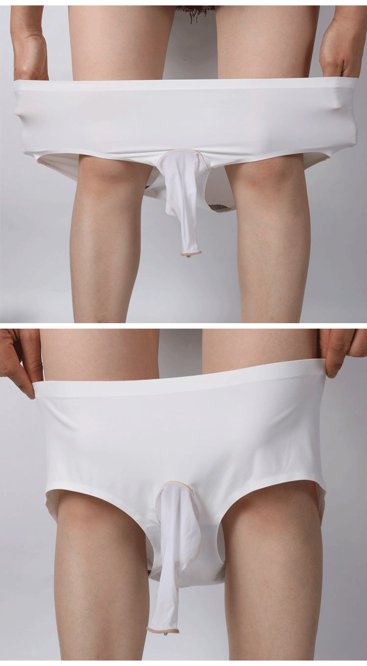 男士冰丝三角款带jj套丝袜内裤不卷边性感透明紧身大码