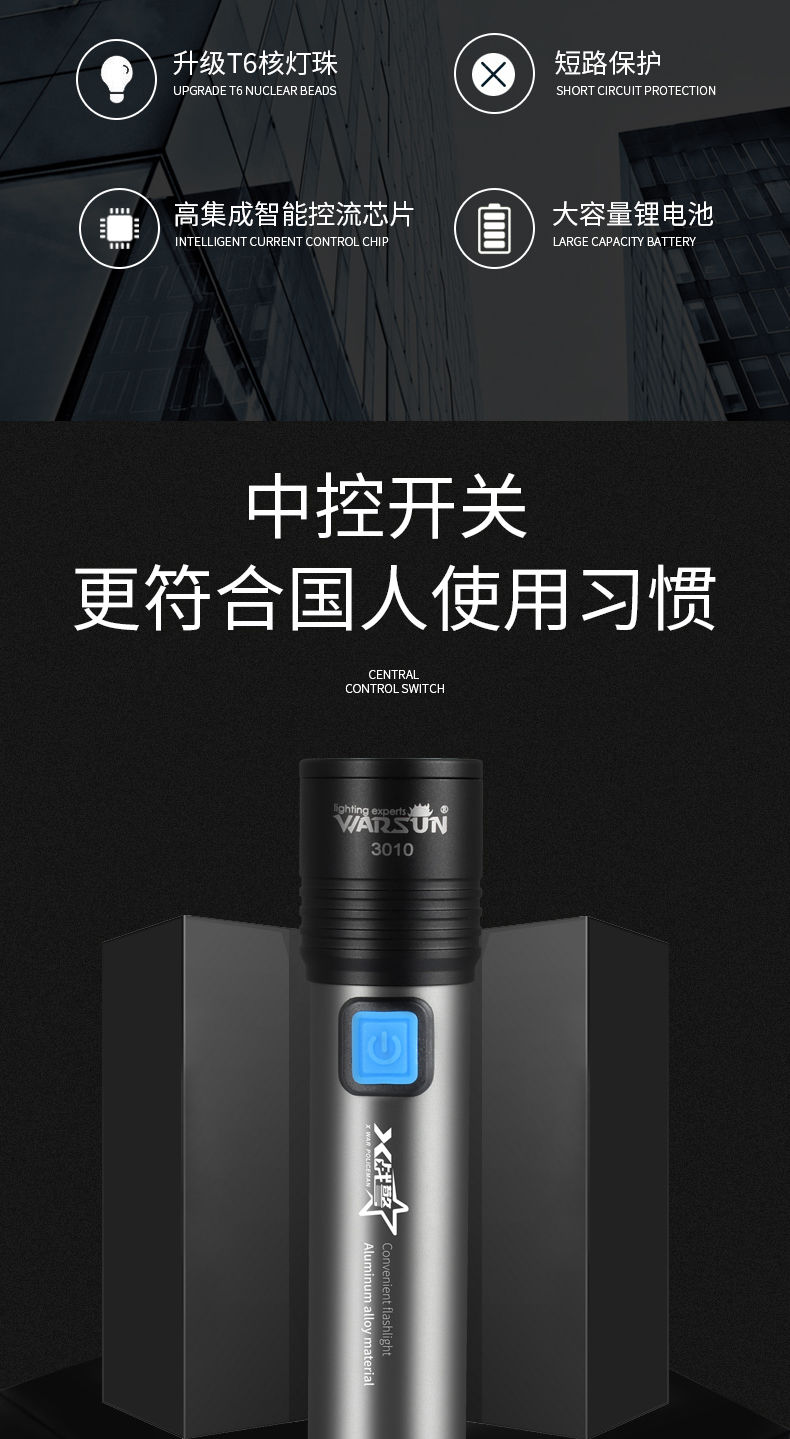 《沃尔森led直充手电筒强光远射超亮充电变焦迷你便携家用户外手电 超