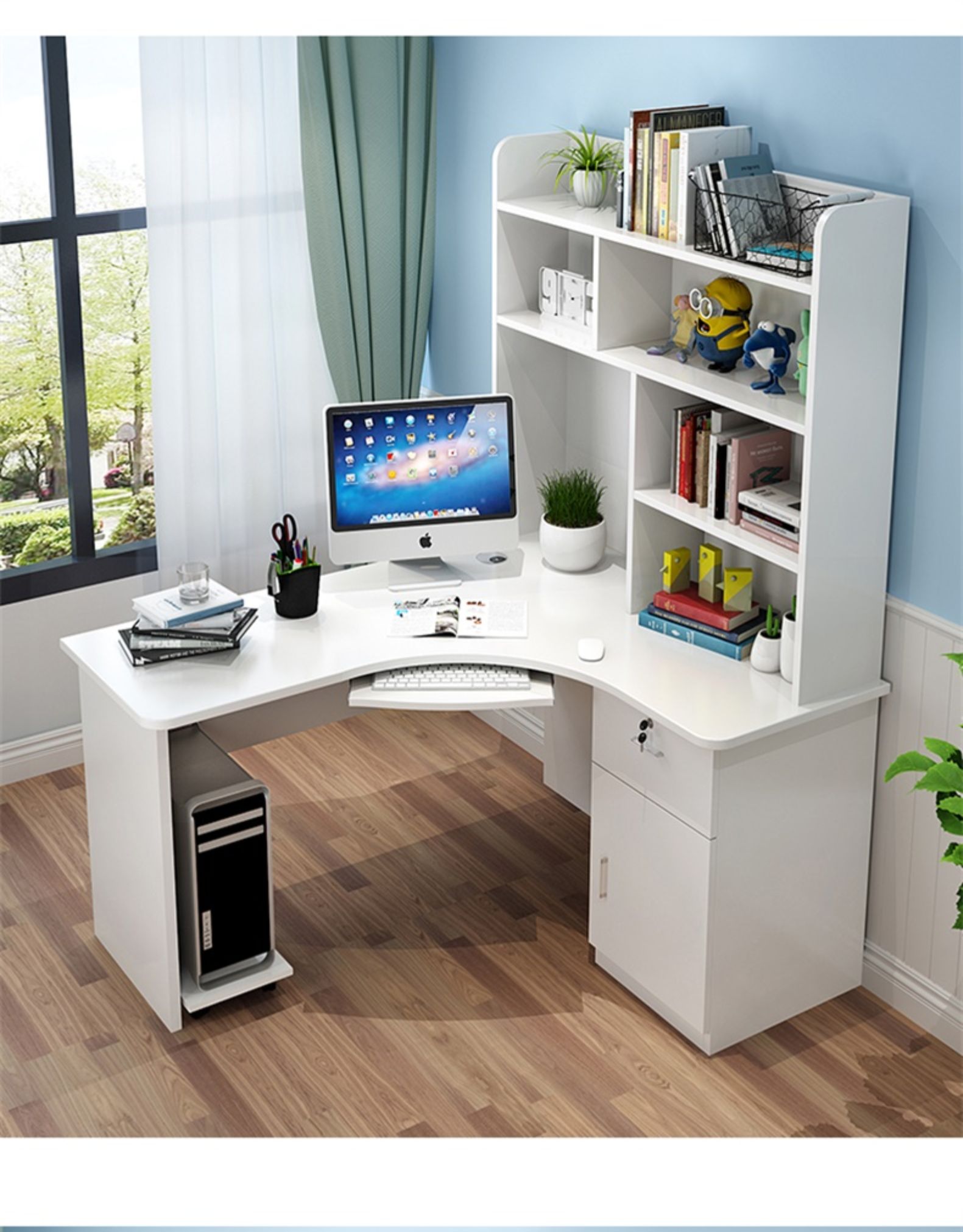 欧若凡实木电脑桌台式书桌家用写字桌书架书柜组合简约转角拐角桌子