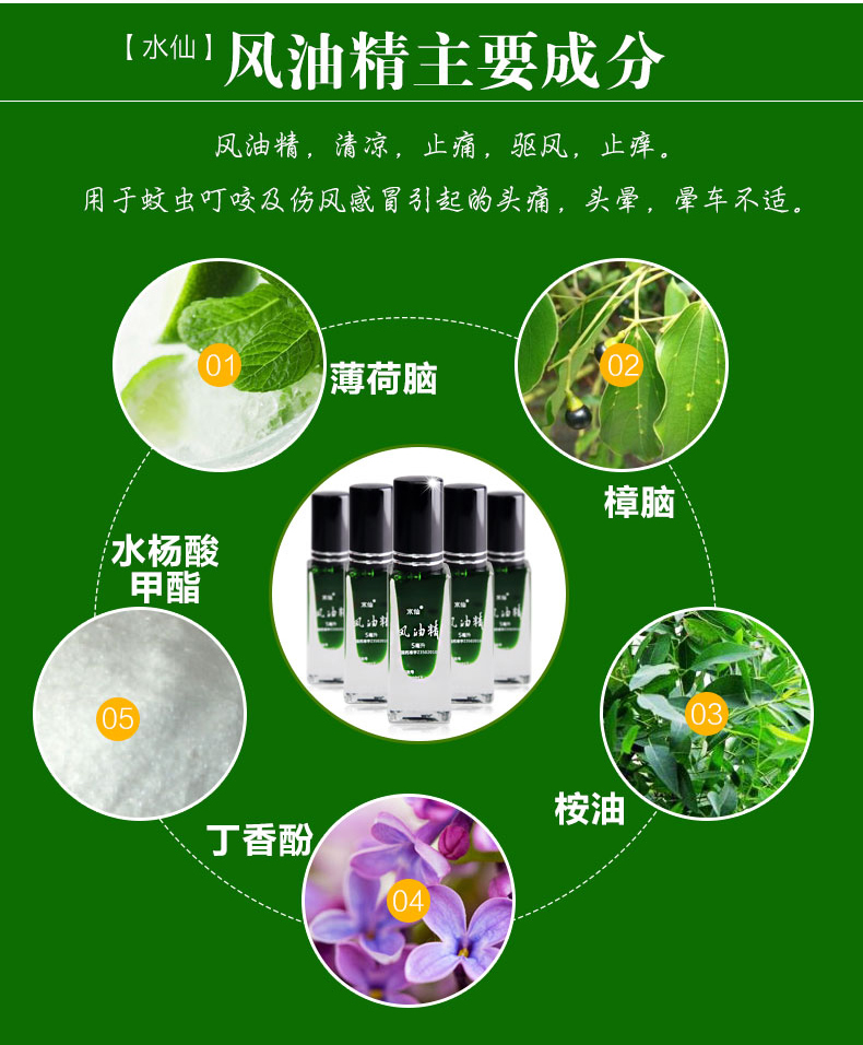 超级新品 10瓶装 水仙滚珠风油精5ml清凉油止痒蚊虫叮咬伤风提神