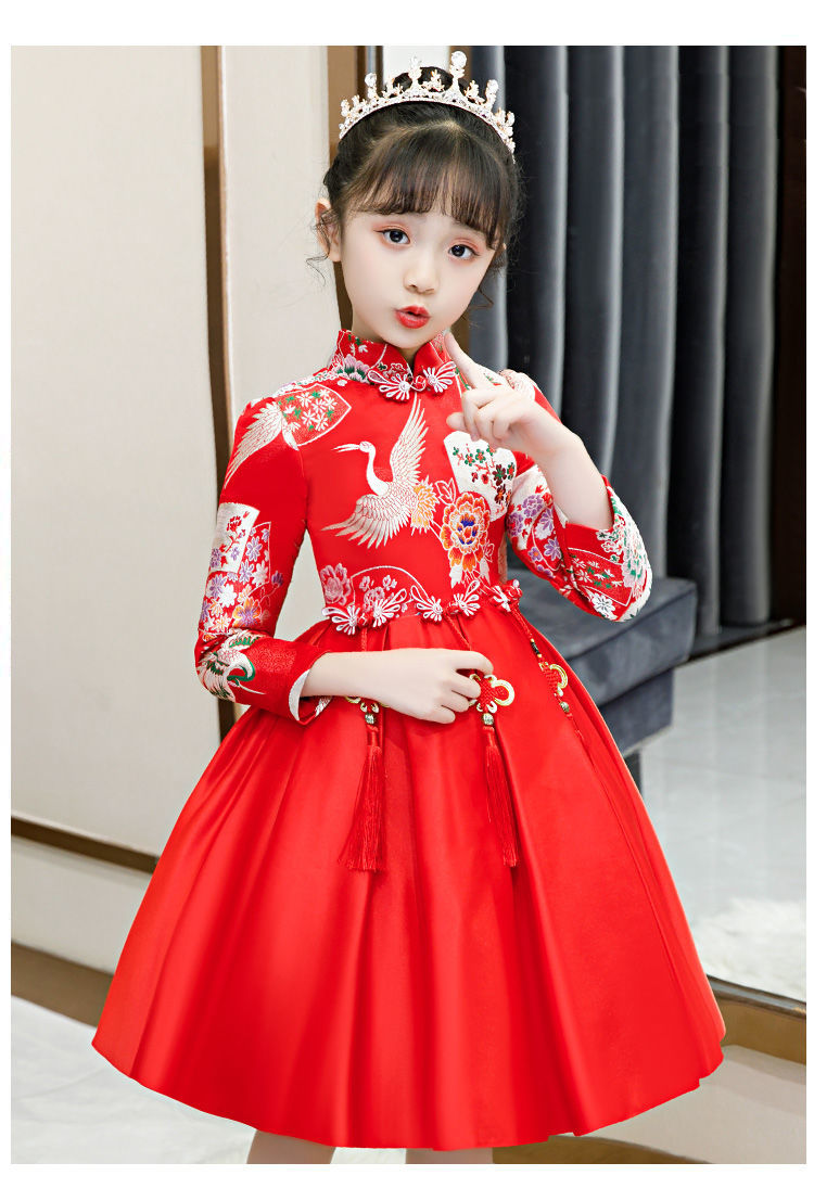 女童连衣裙儿童装公主裙秋冬加绒洋气中大童小女孩表演礼服红色裙红色