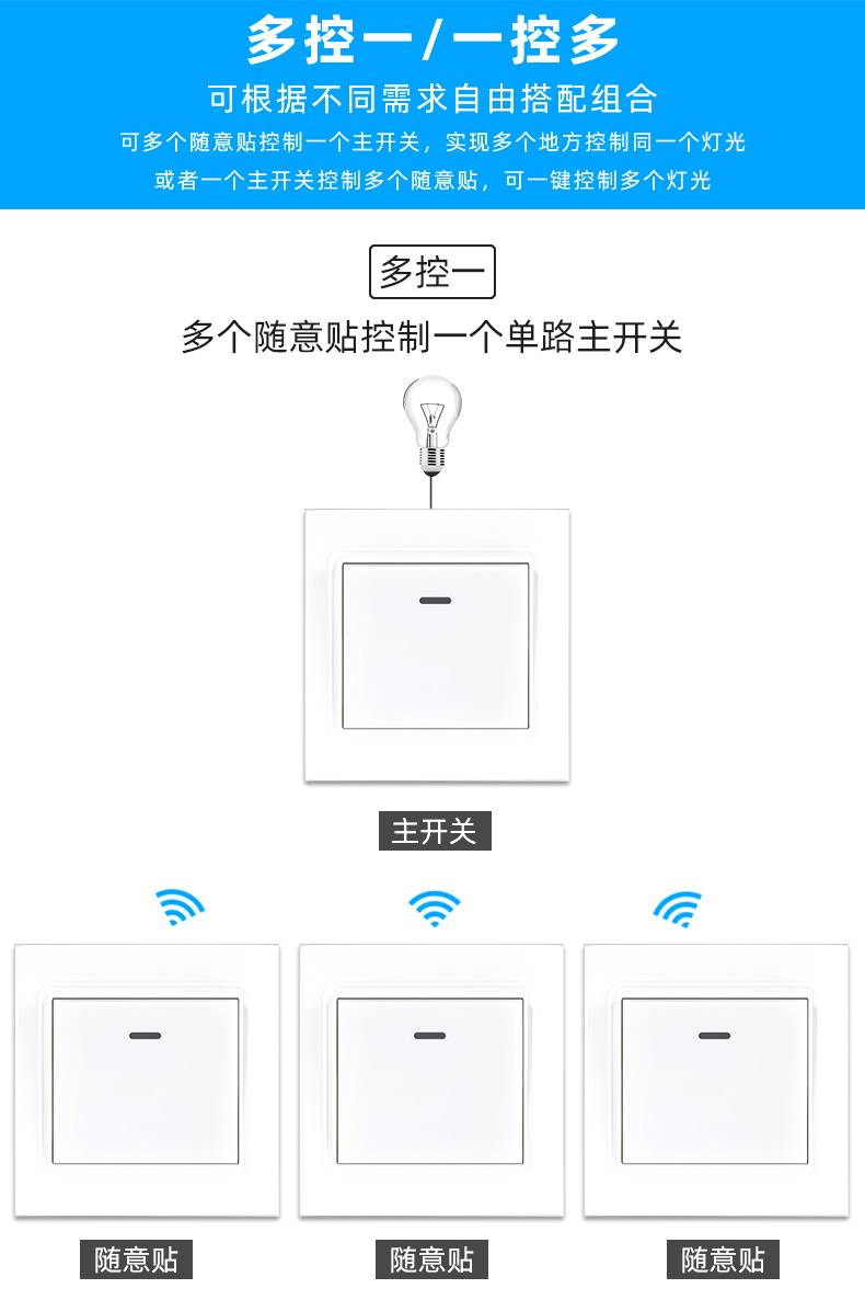 太泰无线遥控开关面板免布线220v智能家用电灯双控随意贴电源卧室