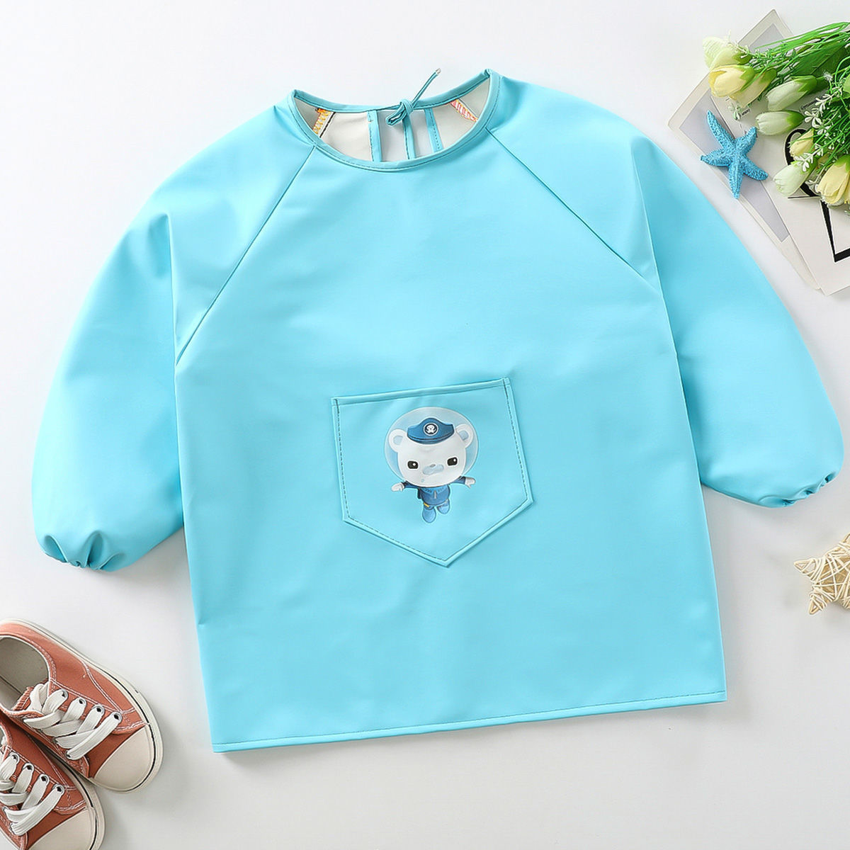 防水布料天蓝色图案随机小码01岁儿童罩衣秋春季款pu罩褂全皮宝宝防水