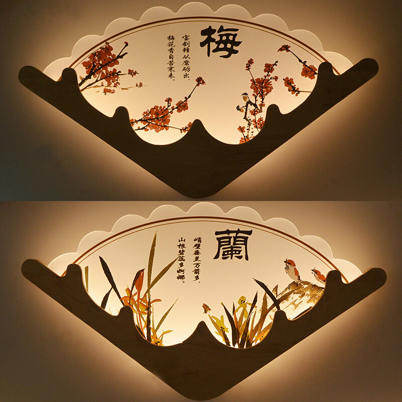 苏宁精品中式实木扇形壁灯led中式壁画灯扇形壁灯led实木玄关客厅卧室