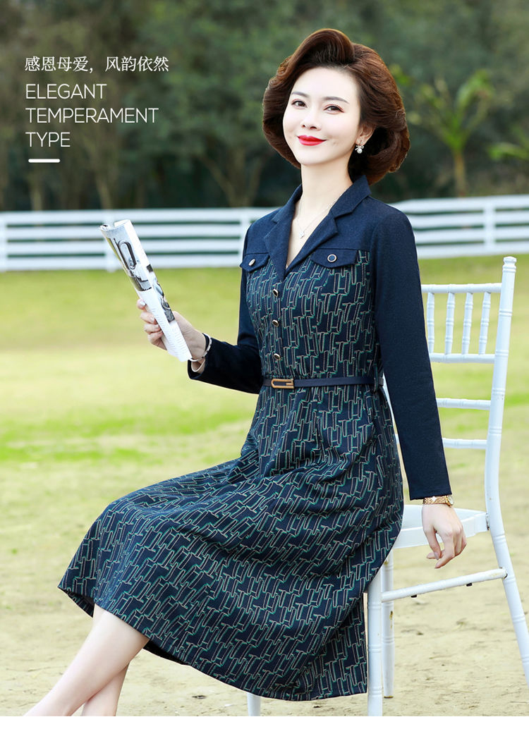 calfland妈妈系带连衣裙中长款阔太太洋气中老年女春季装收腰裙子