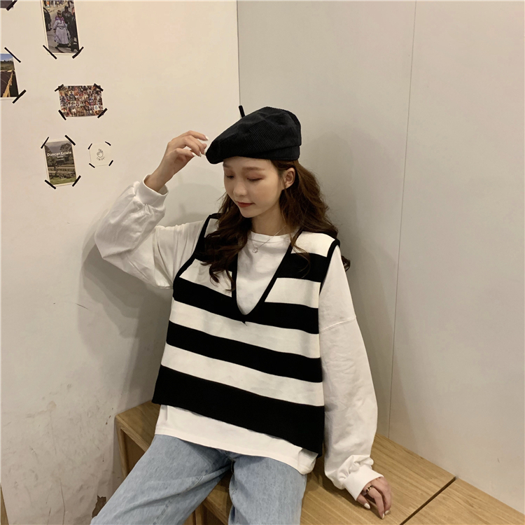 孜牧洋气套装女2019秋装新款宽松v领条纹马甲白色卫衣韩版时尚两件套