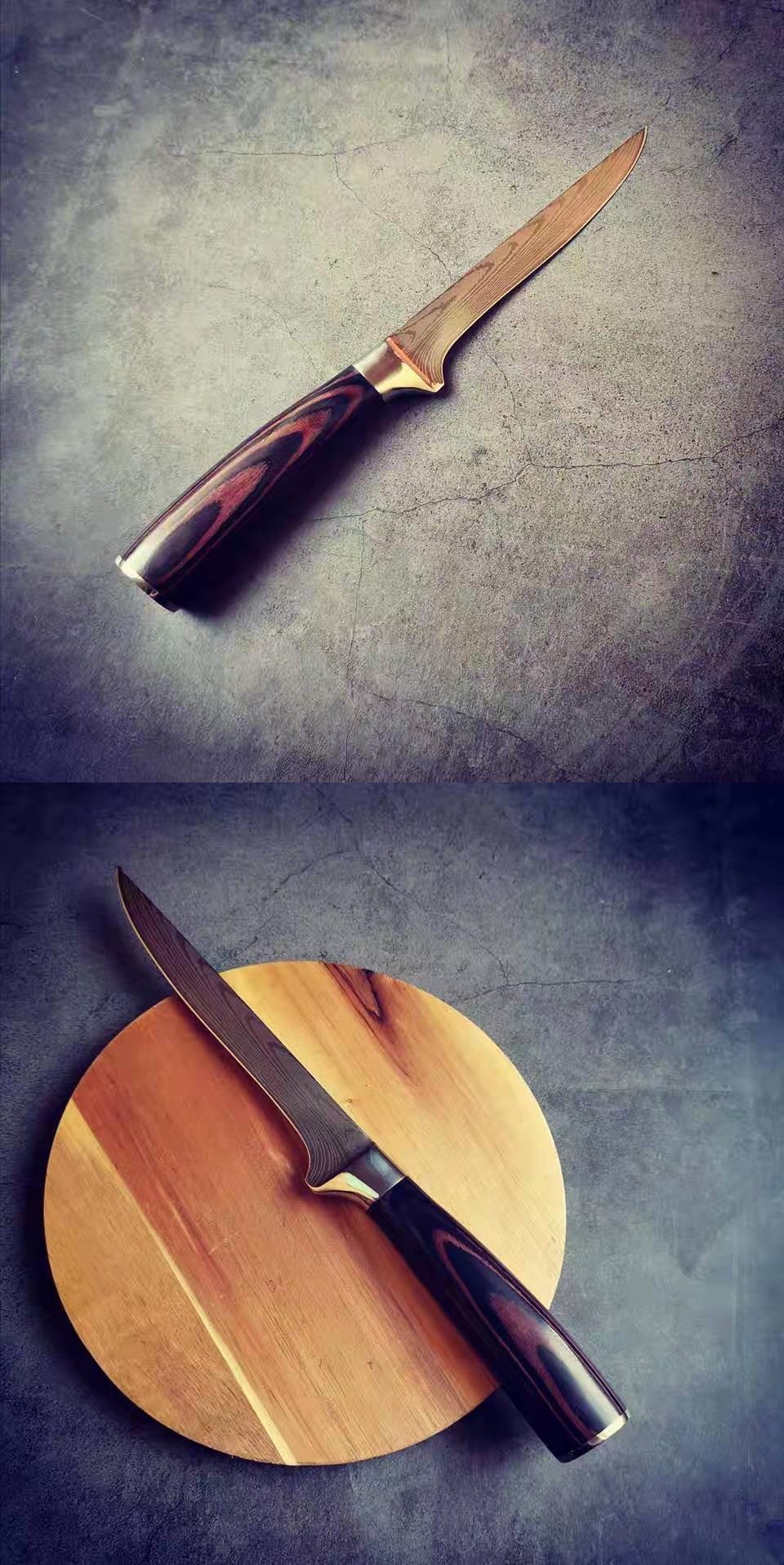 德国进口钢大马士纹剔骨刀屠宰卖肉刀具分割骨头肉刀削骨切羊肉刀实木