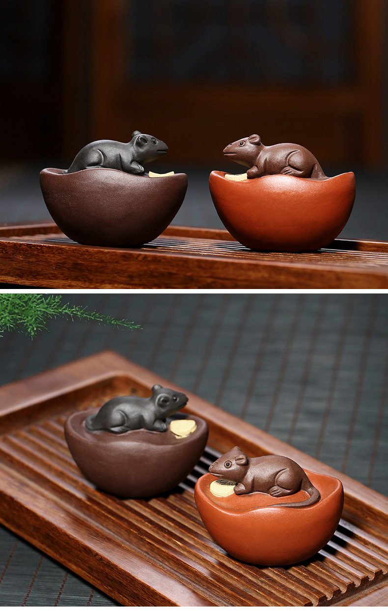 紫砂茶宠手工数钱茶桌茶玩创意元宝生肖鼠摆件茶具配件精品紫泥