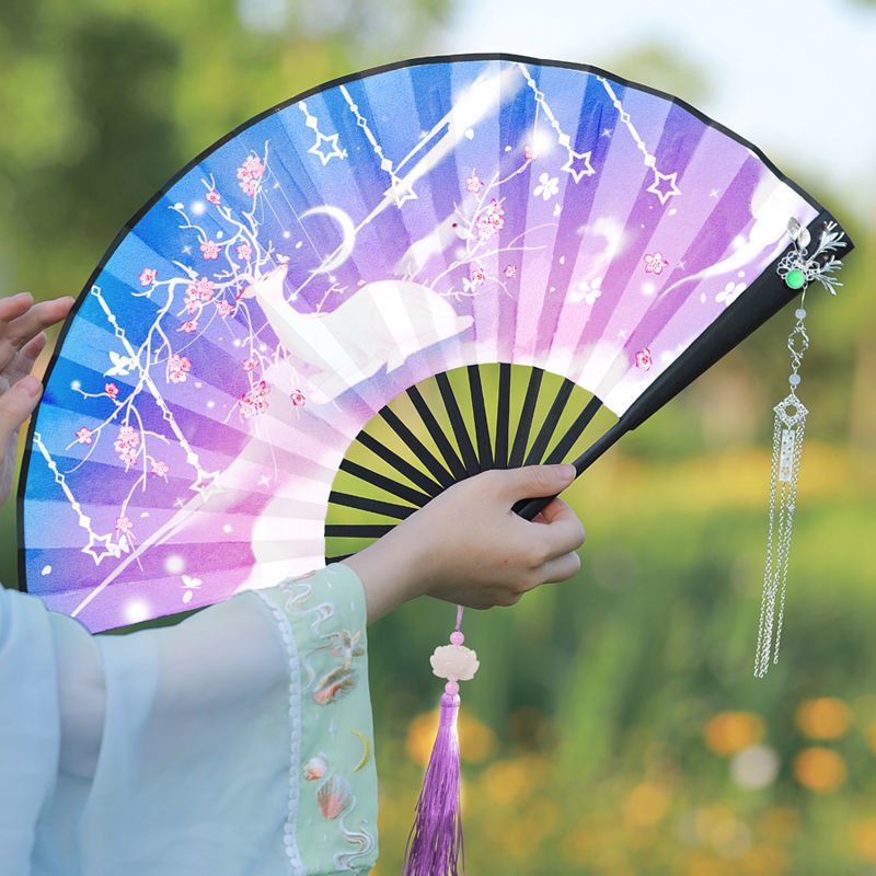 九尾狐古风扇子超仙汉服折扇女夏季随身扇手工折叠竹扇舞蹈扇紫樱仙境