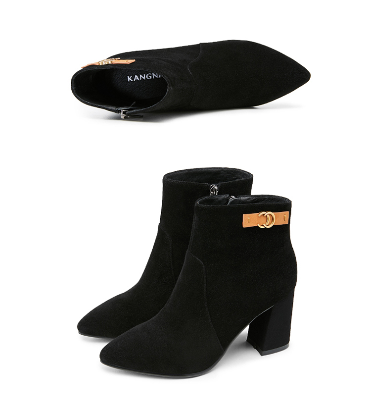 康奈(kangnai)女士短靴1278914 康奈女鞋 冬季尖头拼色侧拉链粗跟短靴