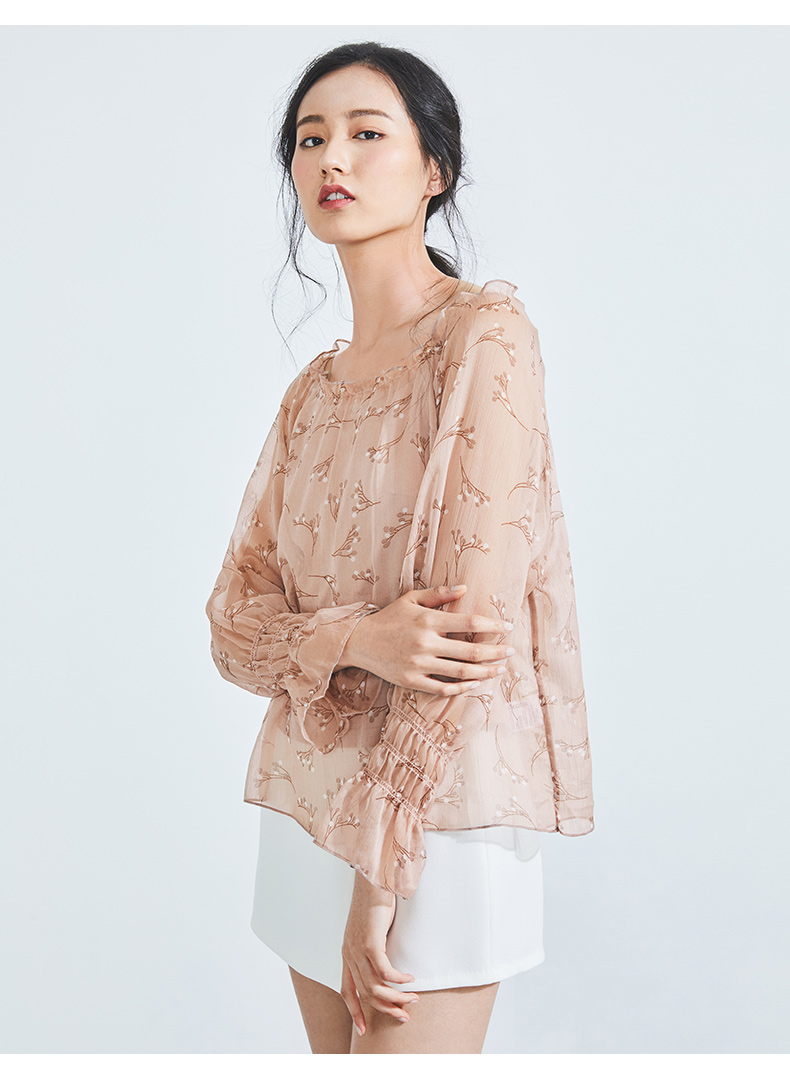 热风小清新女士浪漫印花罩衫甜美圆领套头长袖上衣f03w8201