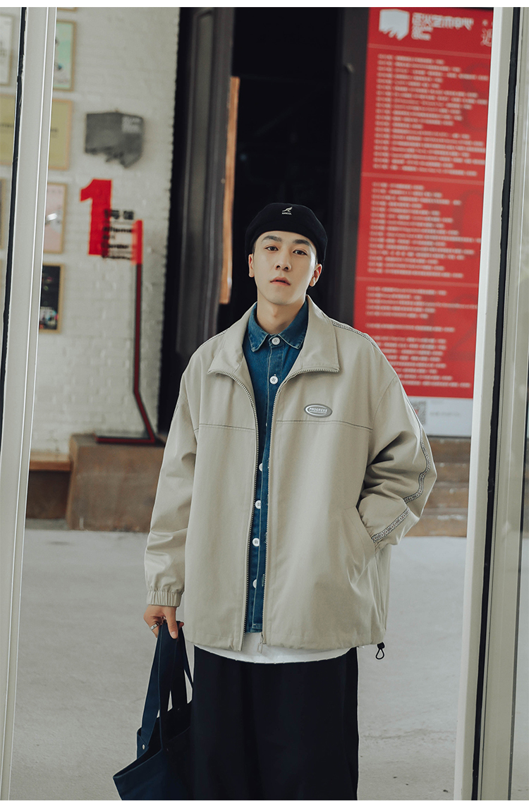 yuansu春秋拼接立领宽松夹克男潮牌衣服日系休闲青年帅气外套夹克