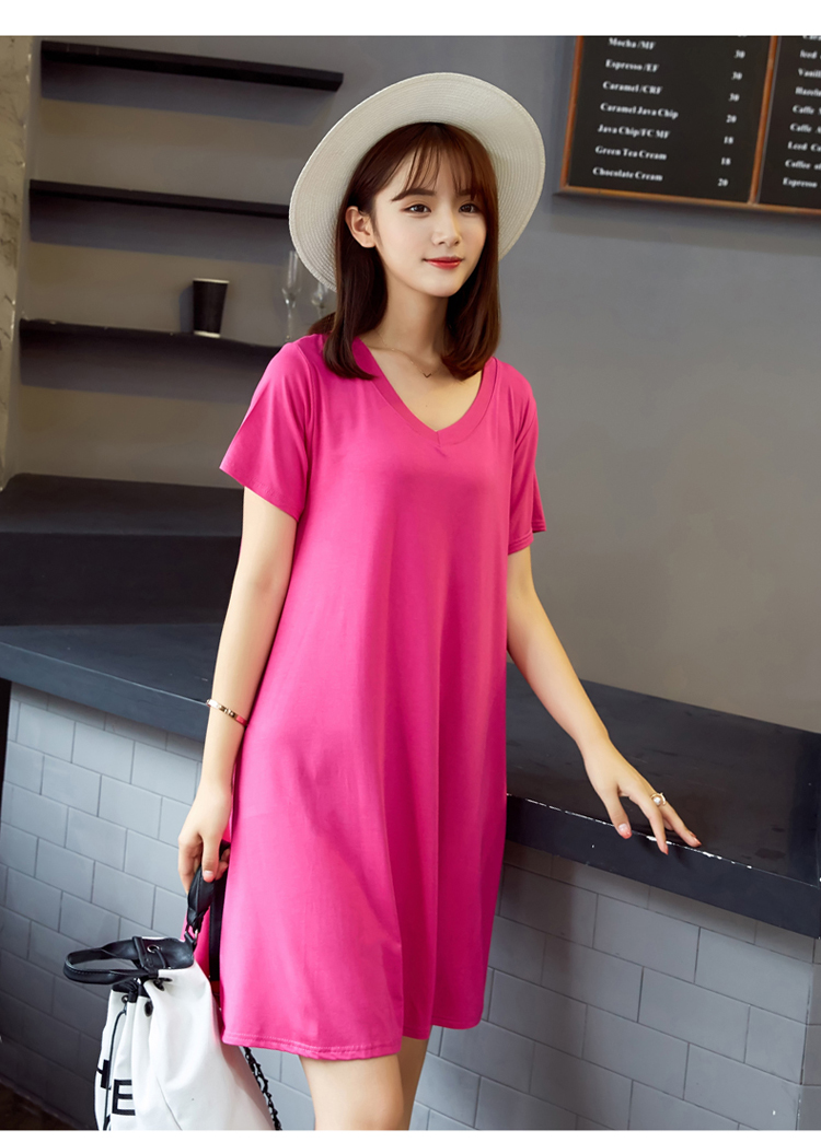 欣鸿茗裙装 欣鸿茗春装2020女大码黑色连衣裙莫代尔a字中长裙v领短袖