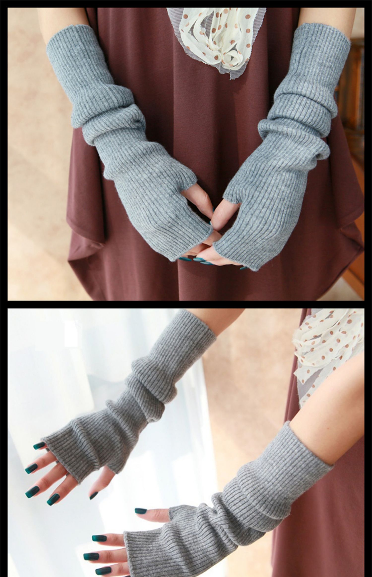 手臂套袖套女秋冬长款加厚假袖子羊毛针织半指手套保暖胳膊套黄驼无指