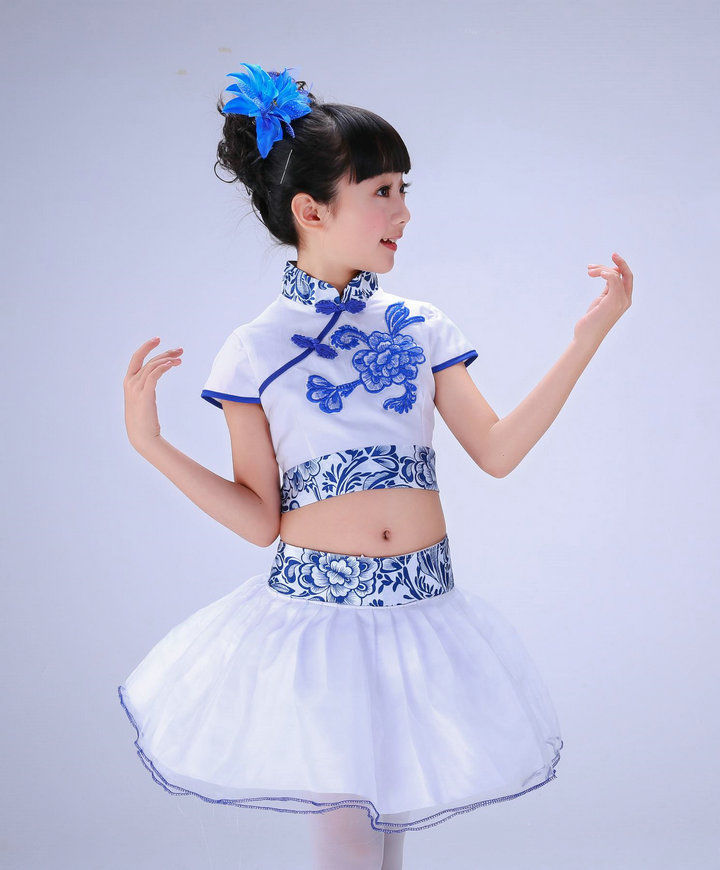 萌萌哒天团帝都同款儿童舞蹈服装青花瓷演出服女青花瓷旗袍演出服演出