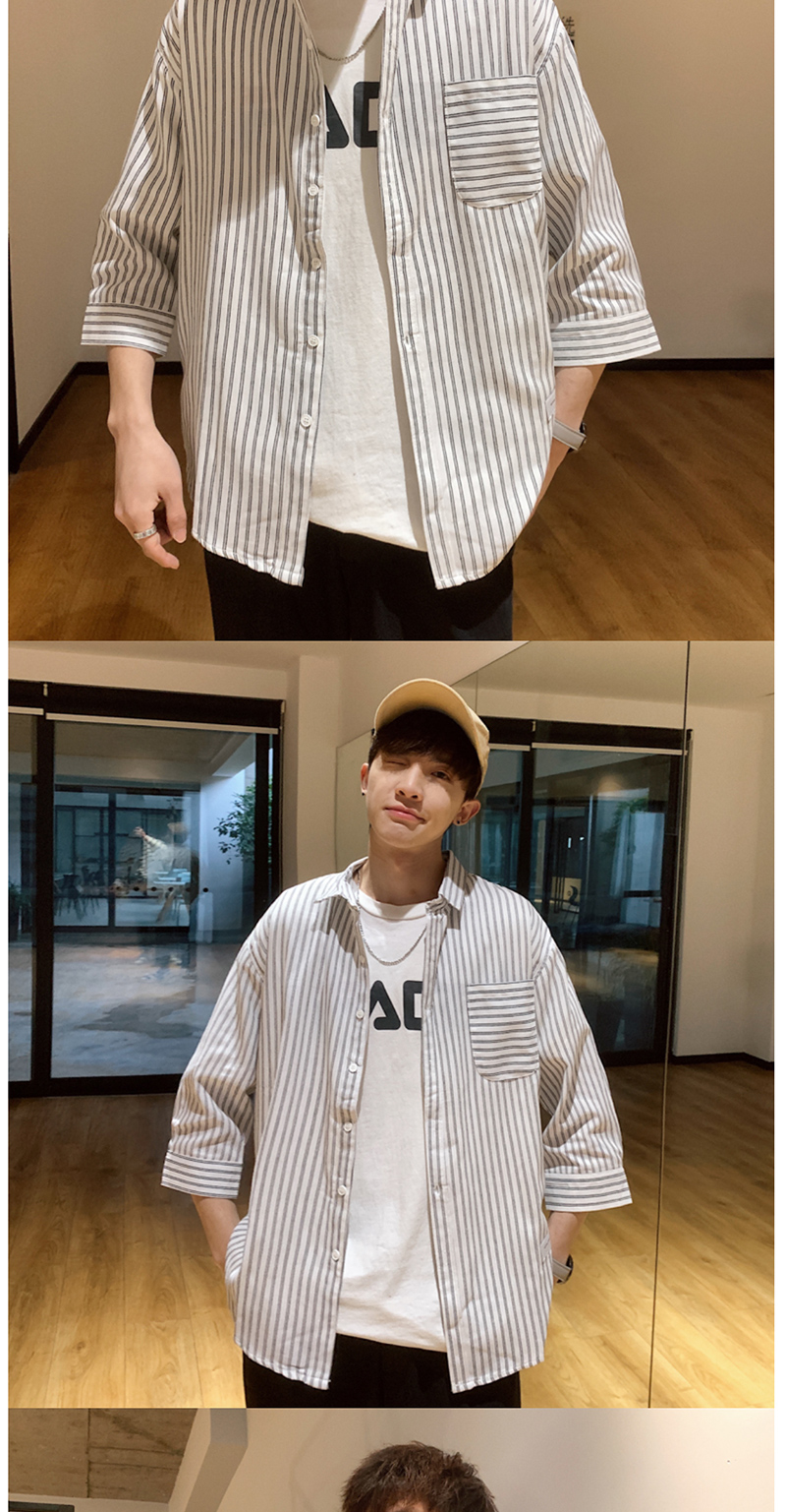 七分袖条纹衬衫男韩版潮流痞帅气短袖衬衣港风日系很仙的上衣