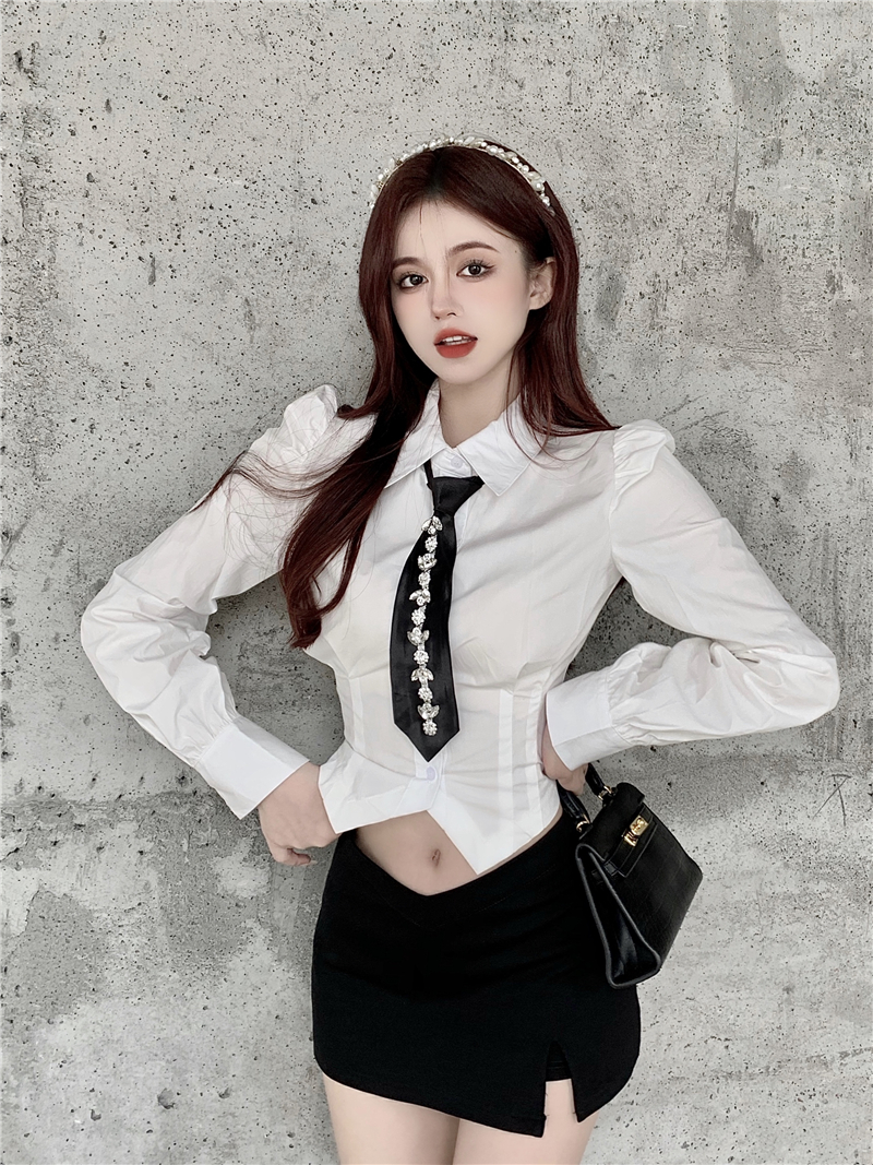希杰狮王领带衬衫女设计感小众重工修身短款长袖衬衣2022春季新款白色