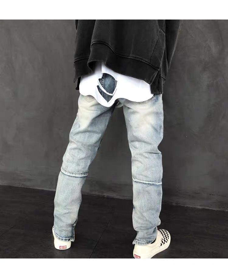《fog风格复古高街破洞牛仔裤长裤修身宽松小脚黑色乞丐裤潮男 黑色