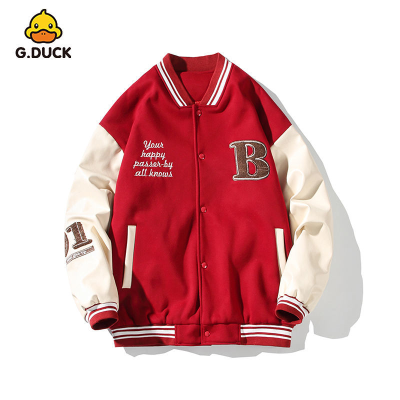 gduck酒红色棒球服美式oversize外套男ins潮春季本命年情侣夹克