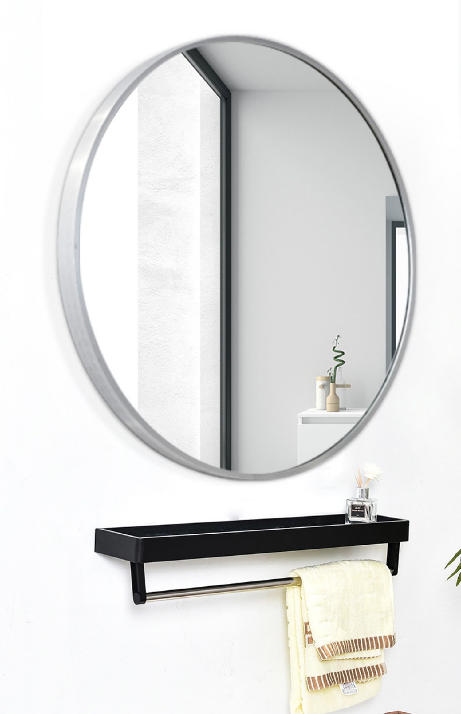 yicheng卫生间浴室镜圆镜壁挂带置物架镜子挂墙式洗手台免打孔厕所