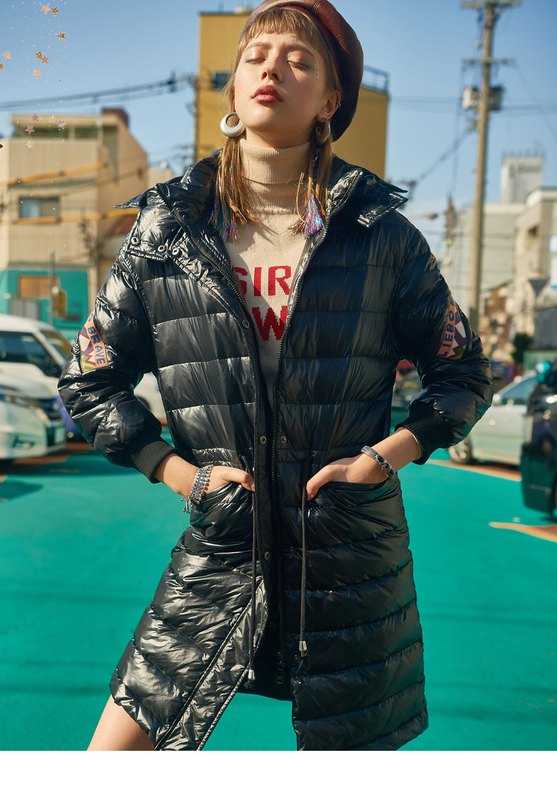 裂帛黑色羽绒服女装2020冬季新款亮面收腰中长款时尚连帽加厚外套