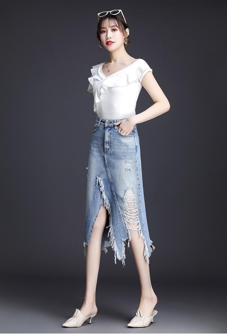 破洞牛仔半身裙女中长款春夏新款高腰a字裙包臀显瘦牛仔一步裙子 浅蓝