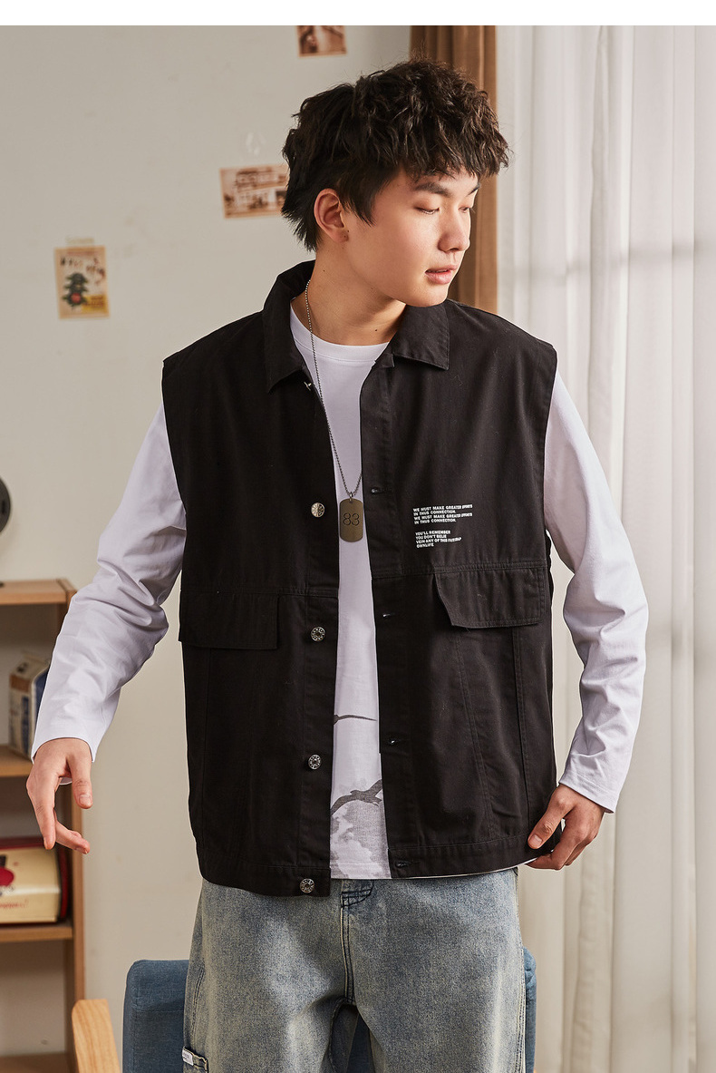 2折价69元还可叠券唐狮春季新款工装马甲男青少翻领字母印花帅气背心