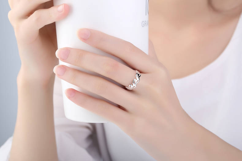 树叶戒指女镀银戒指环女性首饰饰品简约尾戒开口戒指可调节大小