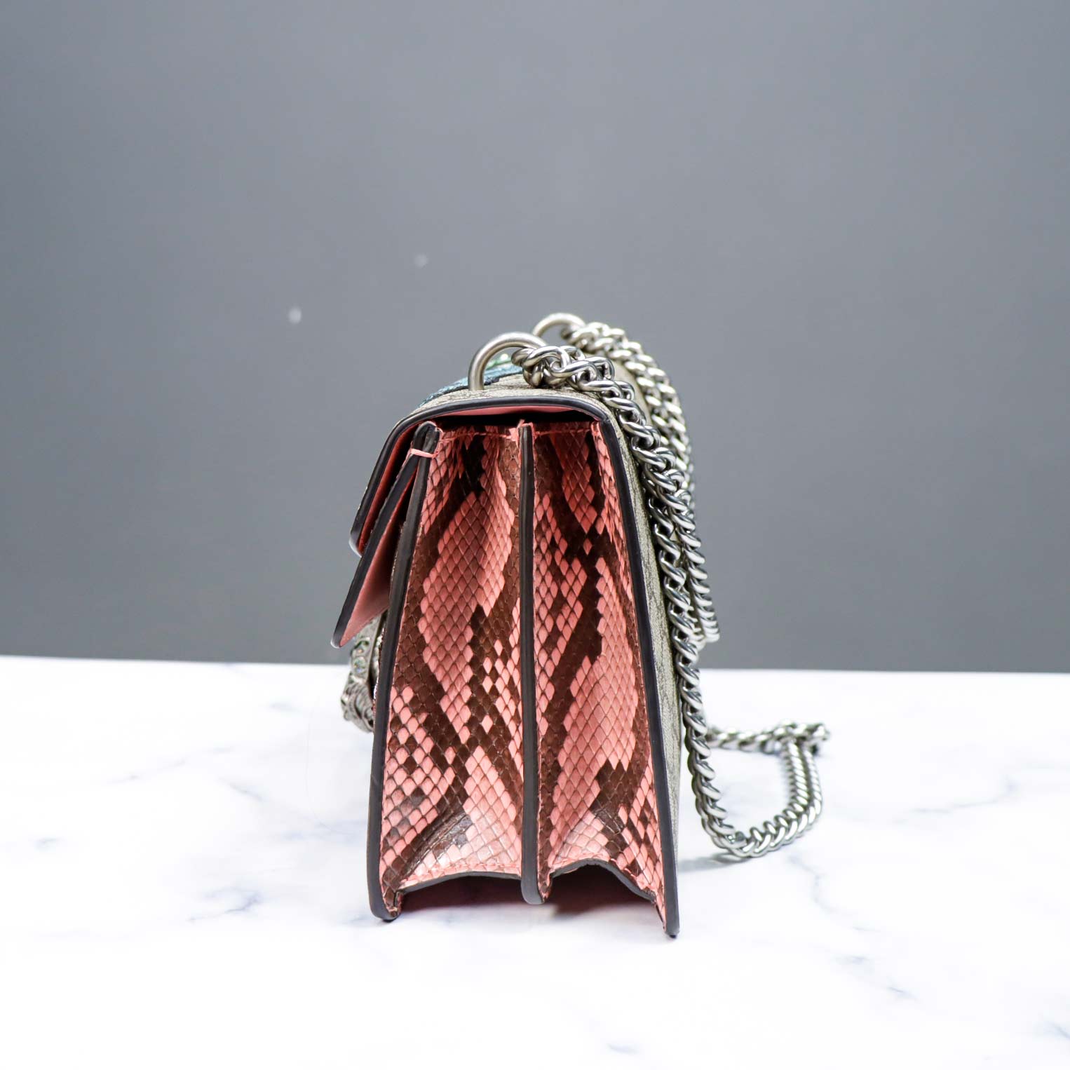 二手99新gucci古驰限量拼蛇皮亮片蜻蜓设计中号全新酒神包女士女款单