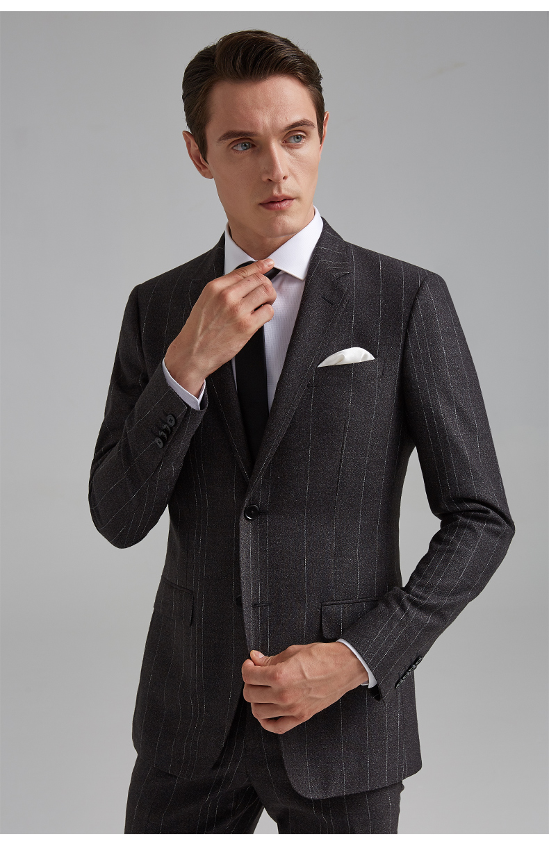 baromon培罗蒙秋装新品男士商务正装深灰色条纹西装修身西服套装