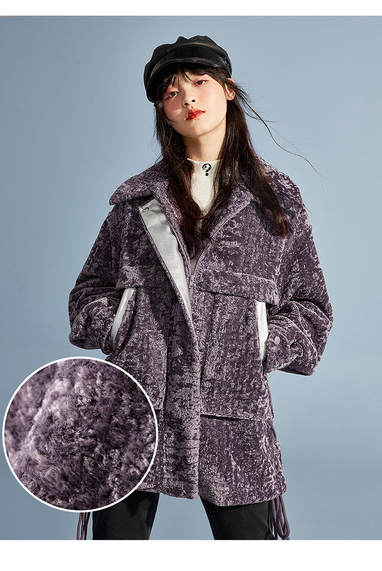 太平鸟毛毛外套女2019冬季新款紫色中长款外套宽松大衣