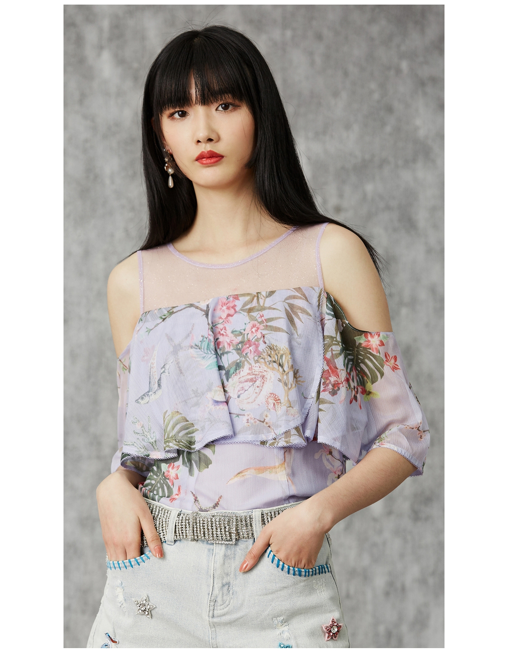 菲儿女装2020夏露肩衬衫印花海边度假风衬衫上衣