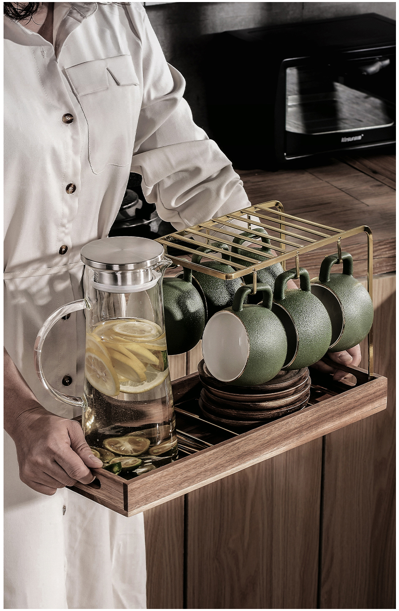 三维工匠冷水壶套装北欧创意陶瓷杯具玻璃凉水壶大容量家用客厅茶杯花