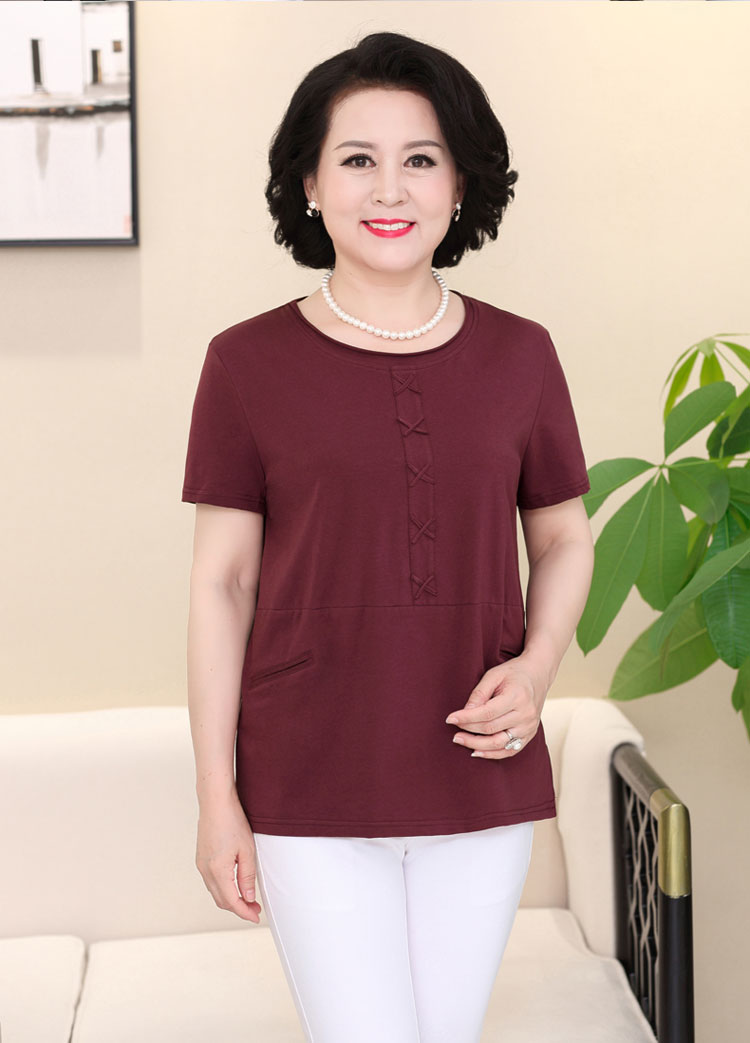 中老年夏季短袖t恤女短款加肥加大码妈妈装宽松打底衫上衣 橘色 xxxl
