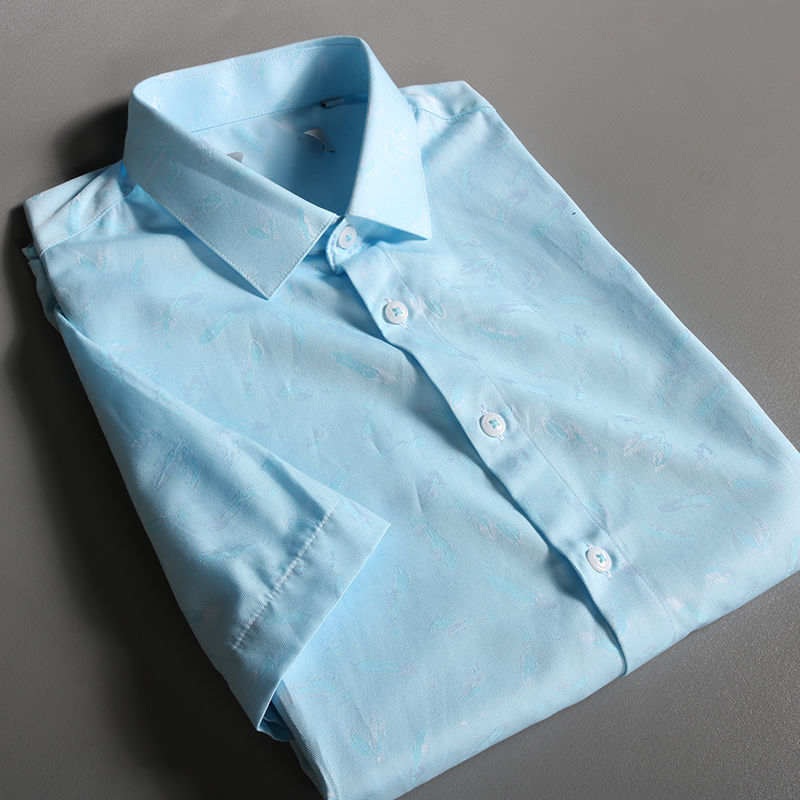 免烫商务短袖衬衫叶子提花品牌撤柜剪标款青色39