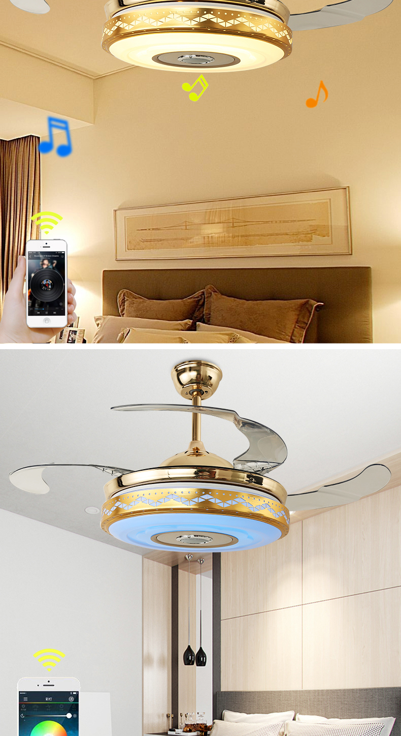 蓝牙音乐隐形风扇灯客厅卧室餐厅吊扇灯带手机遥控音响风扇吊灯【价格