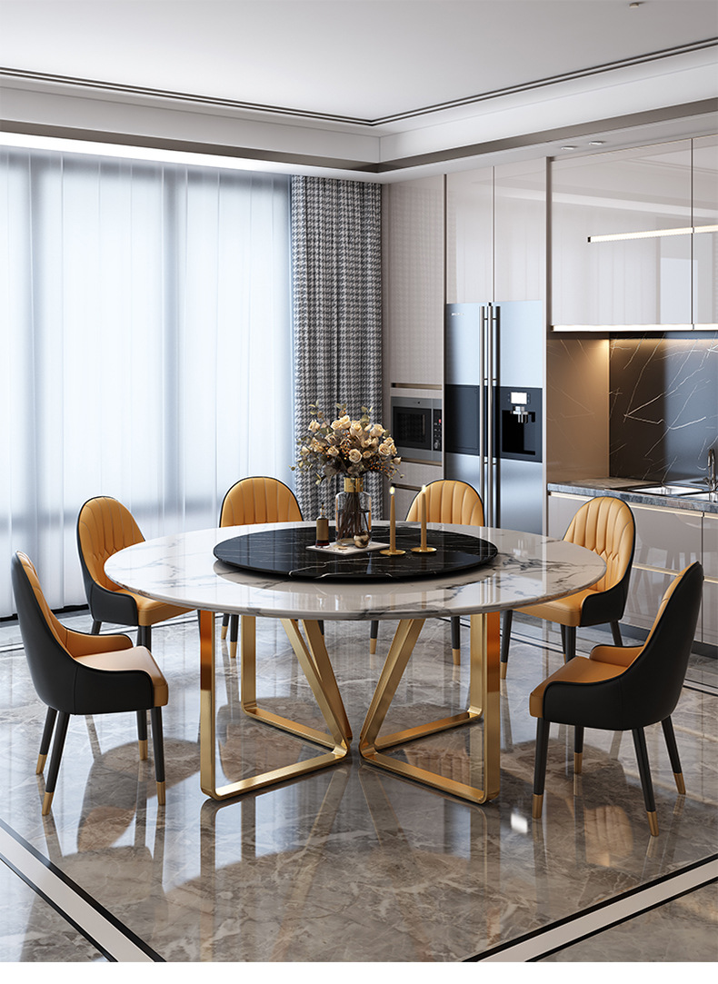 北欧现代简约饭桌圆形大理石餐桌椅组合带转盘13米圆桌轻奢ins风