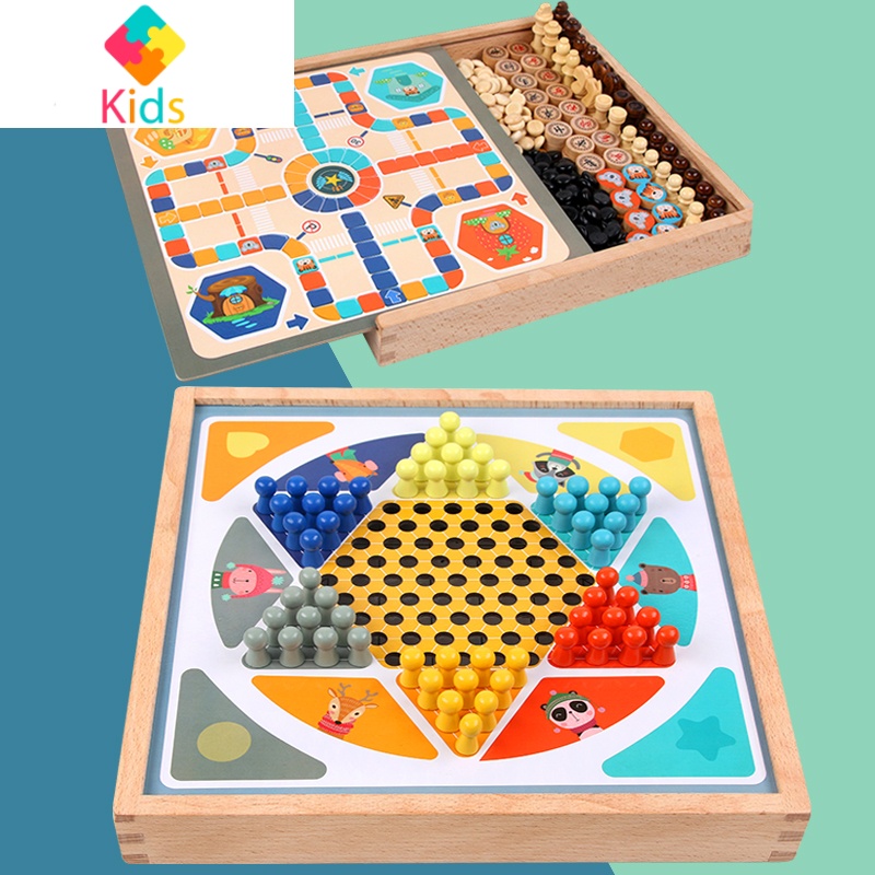 跳棋儿童益智飞行棋木制多功能五子棋大冒险游戏棋类玩具亲子桌游真