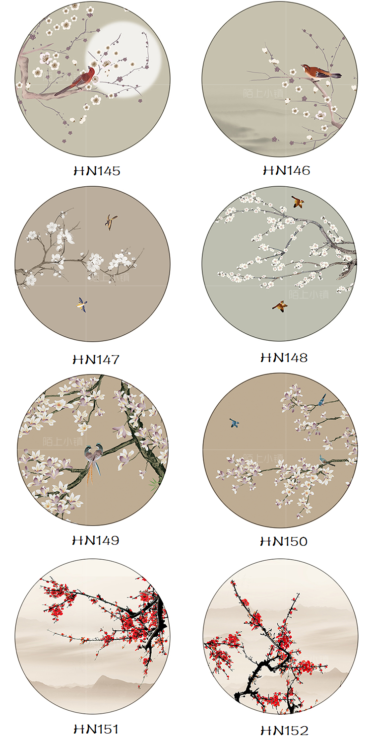 三维工匠新中式屏风纱画定制圆形半透明乔其纱花格画布山水花鸟壁纸