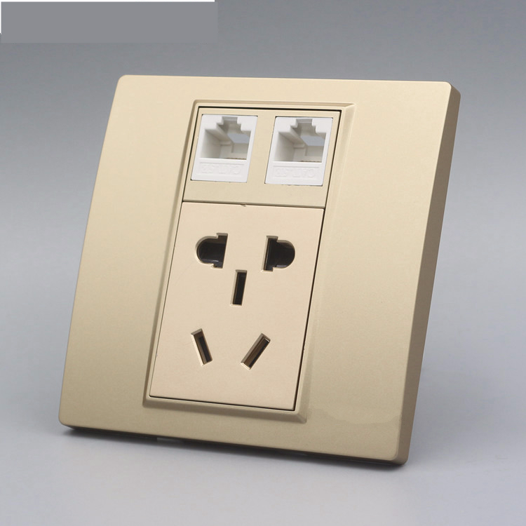 香槟色86型小五孔电源带双口网络插座面板阿斯卡利二三插2个网线电脑