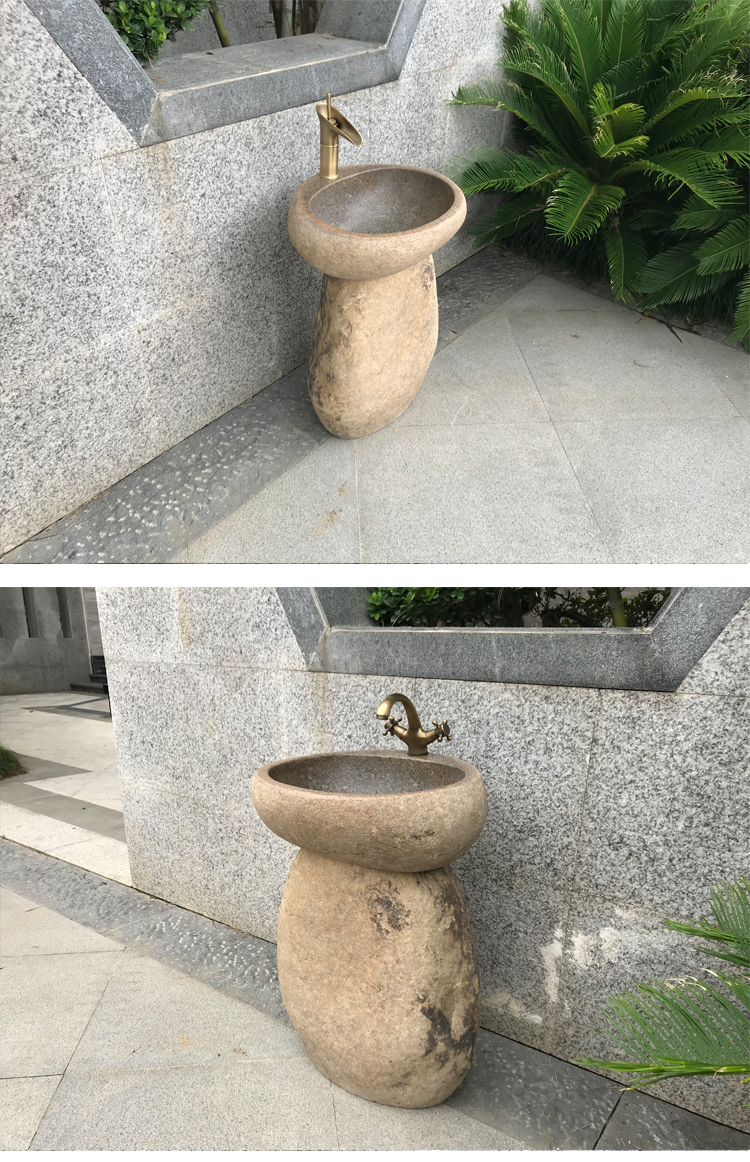 时尚家装天然鹅卵石洗手盆一体户外石头立柱盆庭院洗手台室外水池复古