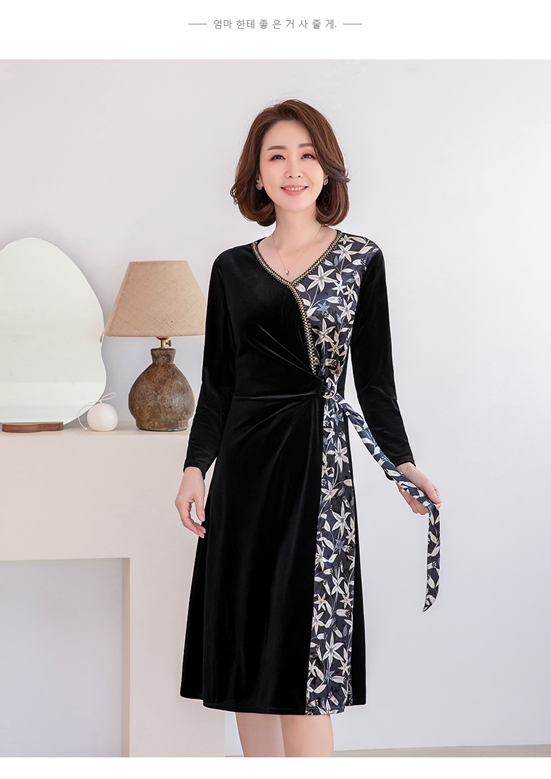 香颜(xiangyan)中老年女装 香颜品牌秋装红色金丝绒连衣裙洋气女装