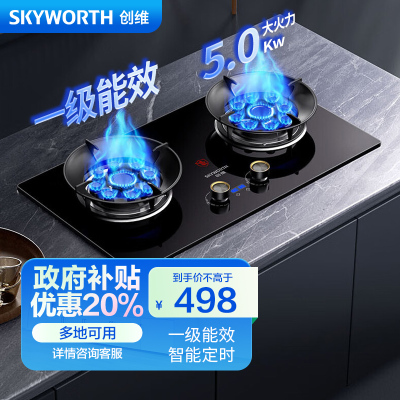 创维(Skyworth)灶具燃气灶双灶 双九孔5.0kW聚能定时猛火爆炒 家用台式嵌入式钢玻面板 Z213B液化气