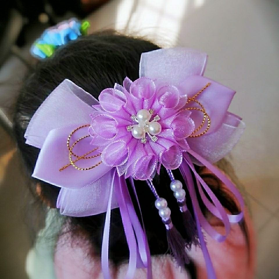 雏菊花紫色 古风发饰汉服发夹流苏珍珠花朵飘带长款头饰马尾后脑勺