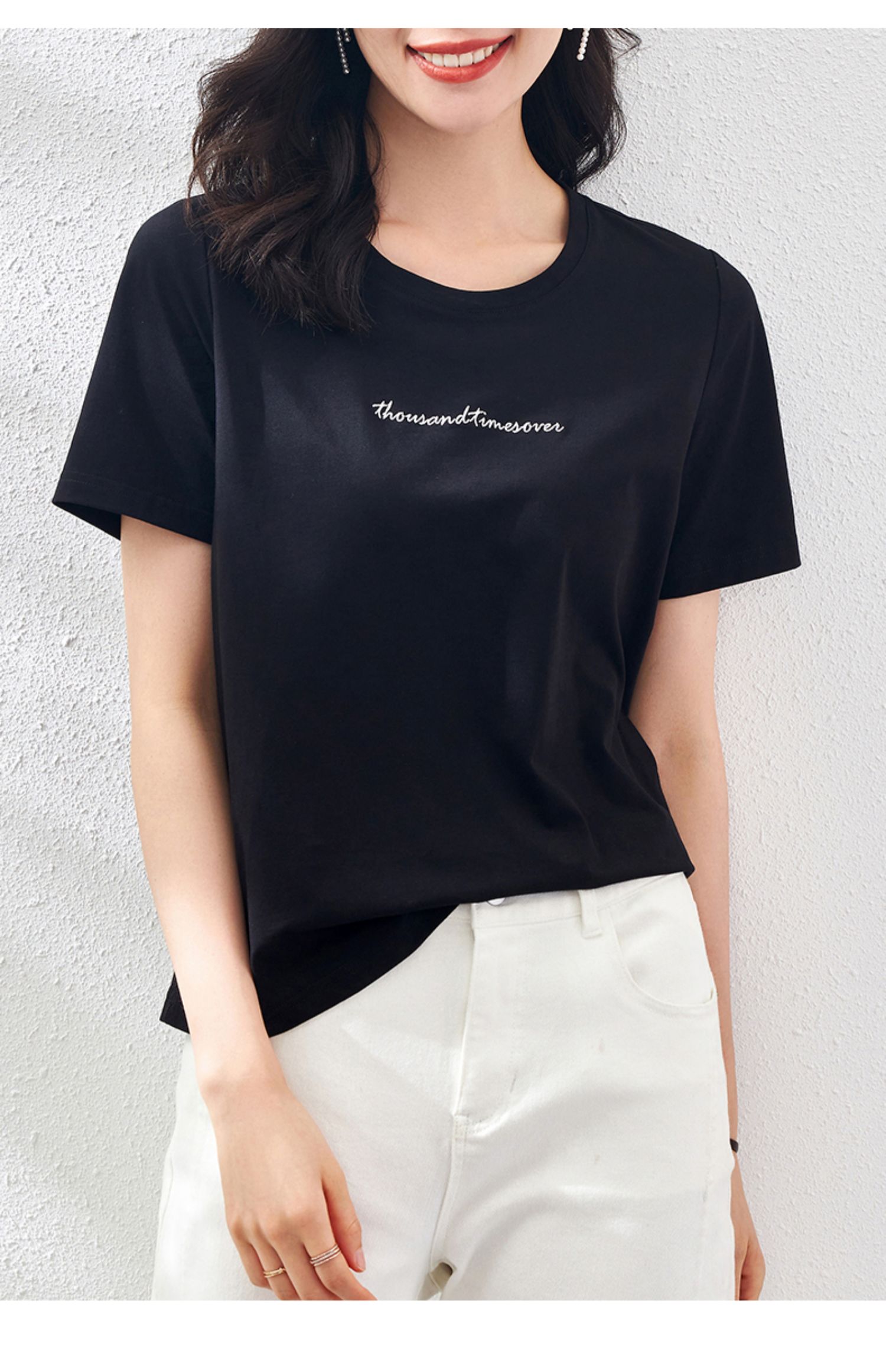 osa黑色衣服精梳棉短袖t恤女夏季2021年新款字母刺绣体恤上衣