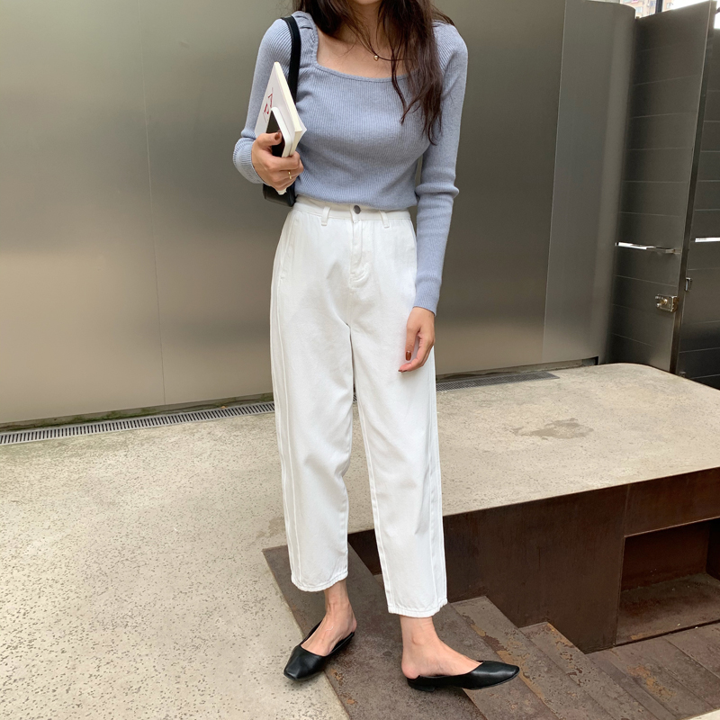 苏芈怒推 简约百搭白色牛仔裤高腰显瘦萝卜裤女2021春季九分裤