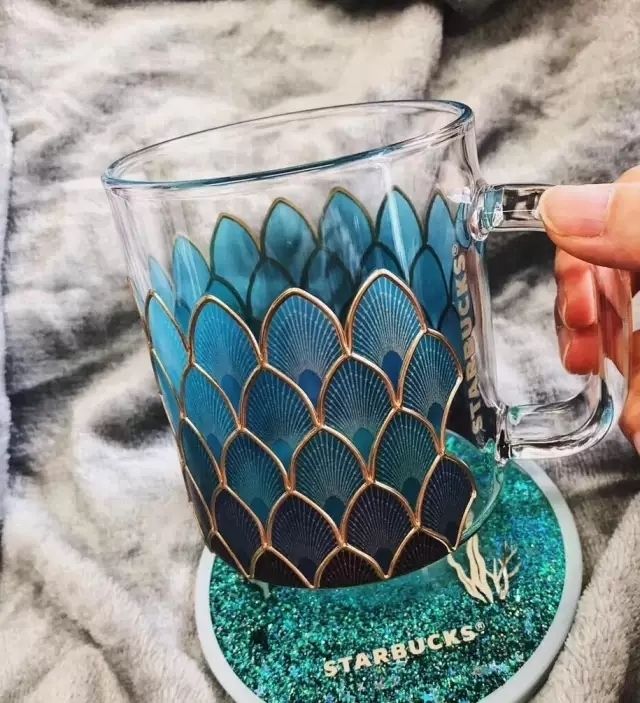 星巴克鱼鳞杯耐热玻璃杯咖啡杯流沙杯垫美人鱼盛夏经典网红款礼物275