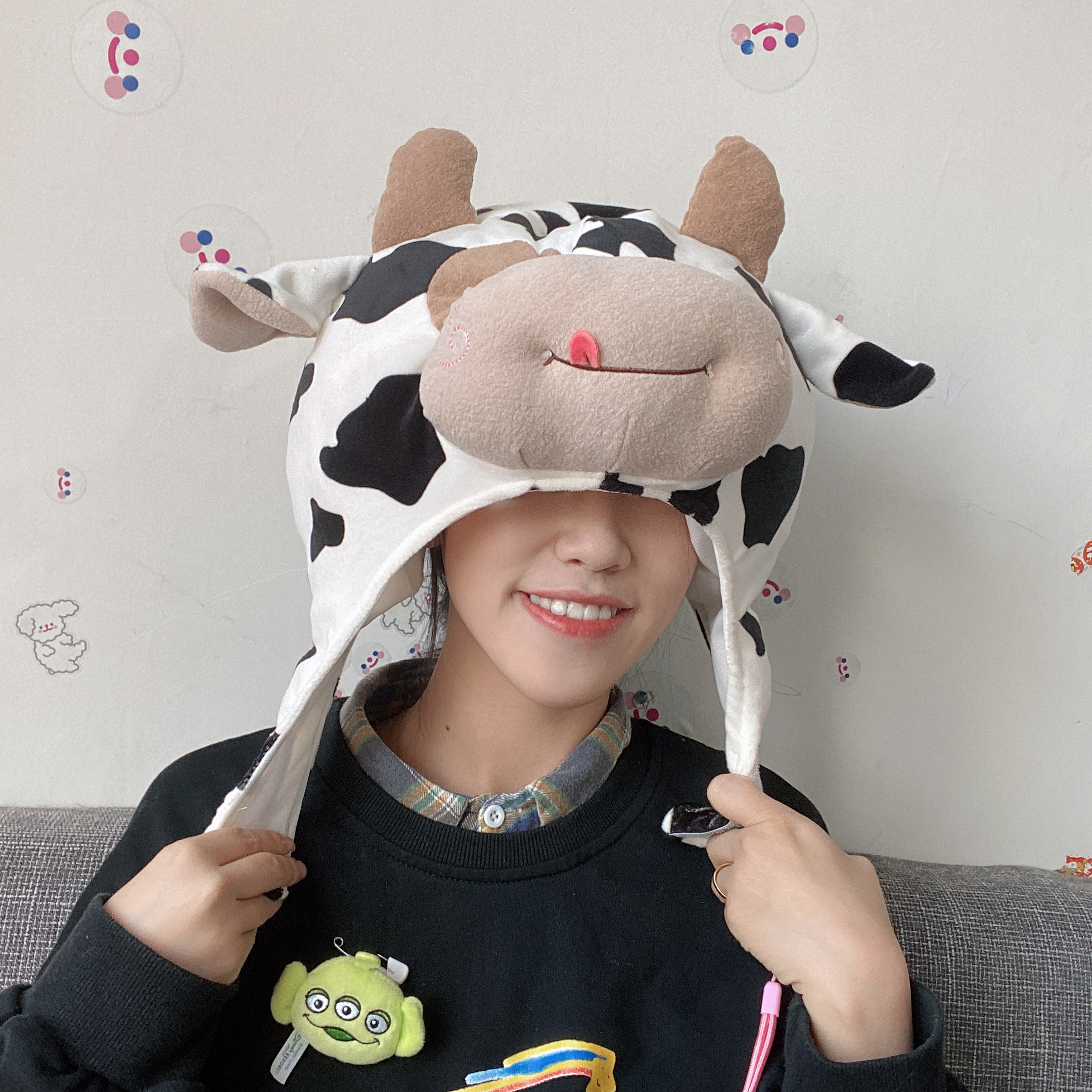 日韩ins少女心可爱卡通牛年绒斑点黑白奶牛头套帽子拍照表演道具 大