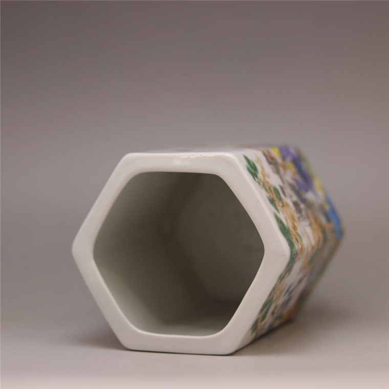 居仁堂粉彩八仙图六方中号笔筒古董瓷器家居书房喜庆装饰品摆件