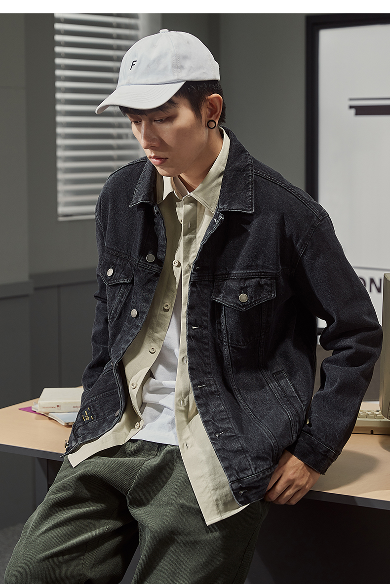 9元]唐狮春季新款牛仔外套男韩版潮流帅气青年黑色牛仔夹克外套